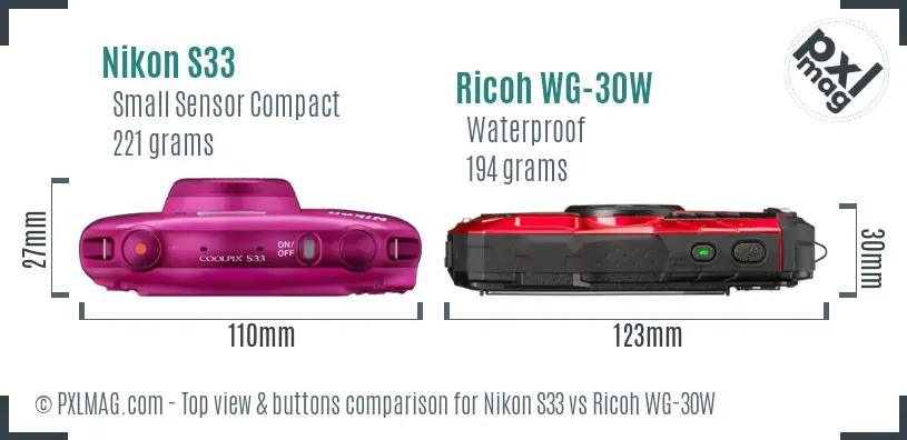Nikon S33 vs Ricoh WG-30W top view buttons comparison Nikon S33 vs Ricoh WG-30W top view buttons comparison