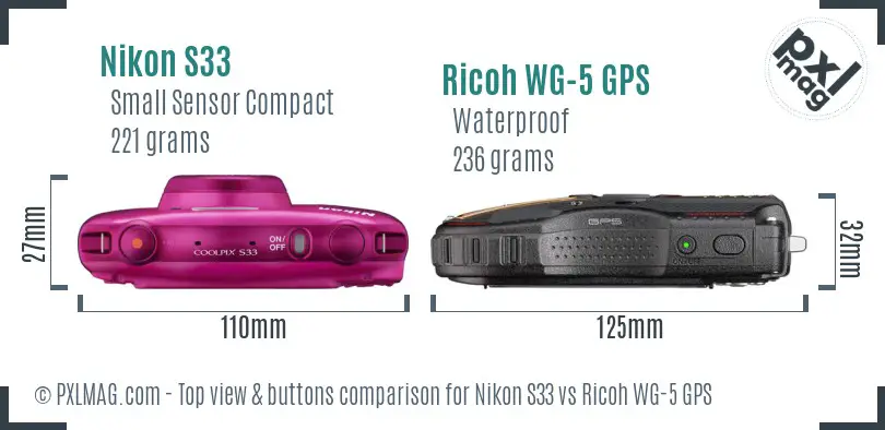 Nikon S33 vs Ricoh WG-5 GPS top view buttons comparison Nikon S33 vs Ricoh WG-5 GPS top view buttons comparison
