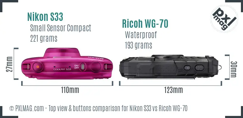 Nikon S33 vs Ricoh WG-70 top view buttons comparison