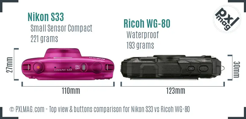 Nikon S33 vs Ricoh WG-80 top view buttons comparison