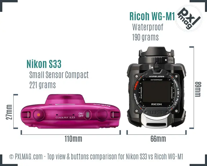 Nikon S33 vs Ricoh WG-M1 top view buttons comparison Nikon S33 vs Ricoh WG-M1 top view buttons comparison