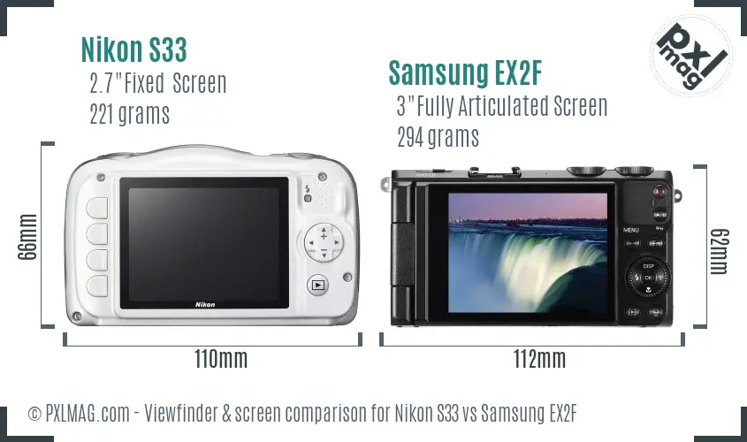 Nikon S33 vs Samsung EX2F Screen and Viewfinder comparison