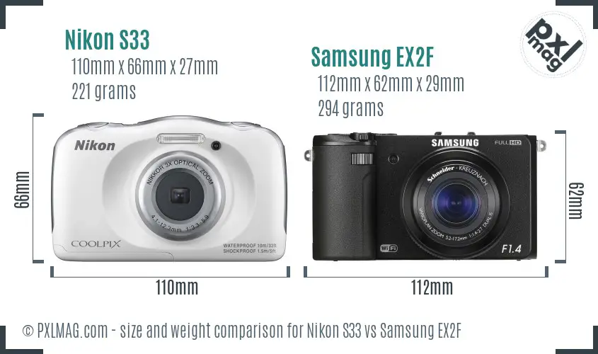 Nikon S33 vs Samsung EX2F size comparison