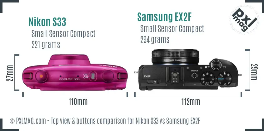 Nikon S33 vs Samsung EX2F top view buttons comparison