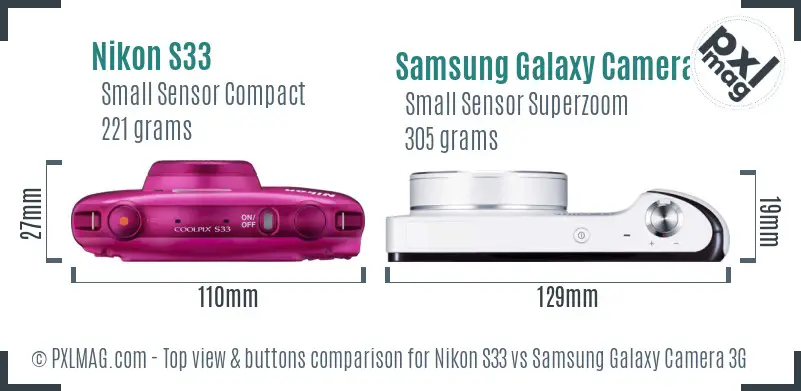 Nikon S33 vs Samsung Galaxy Camera 3G top view buttons comparison