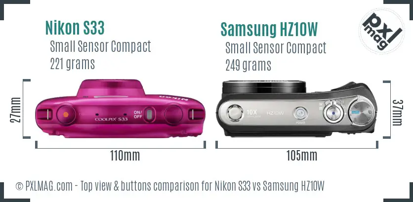 Nikon S33 vs Samsung HZ10W top view buttons comparison