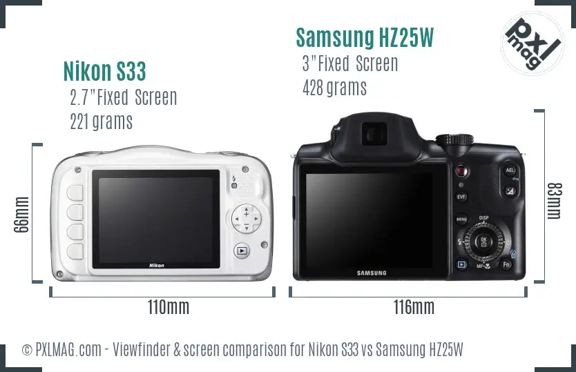 Nikon S33 vs Samsung HZ25W Screen and Viewfinder comparison