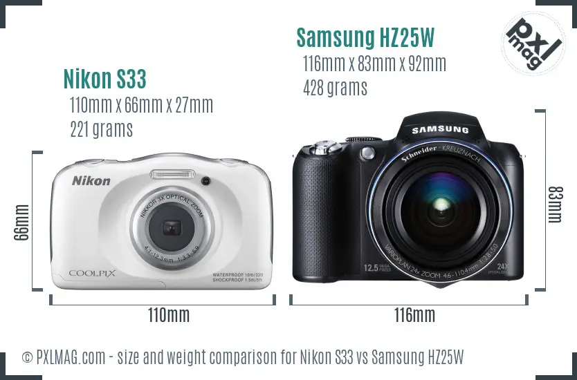 Nikon S33 vs Samsung HZ25W size comparison