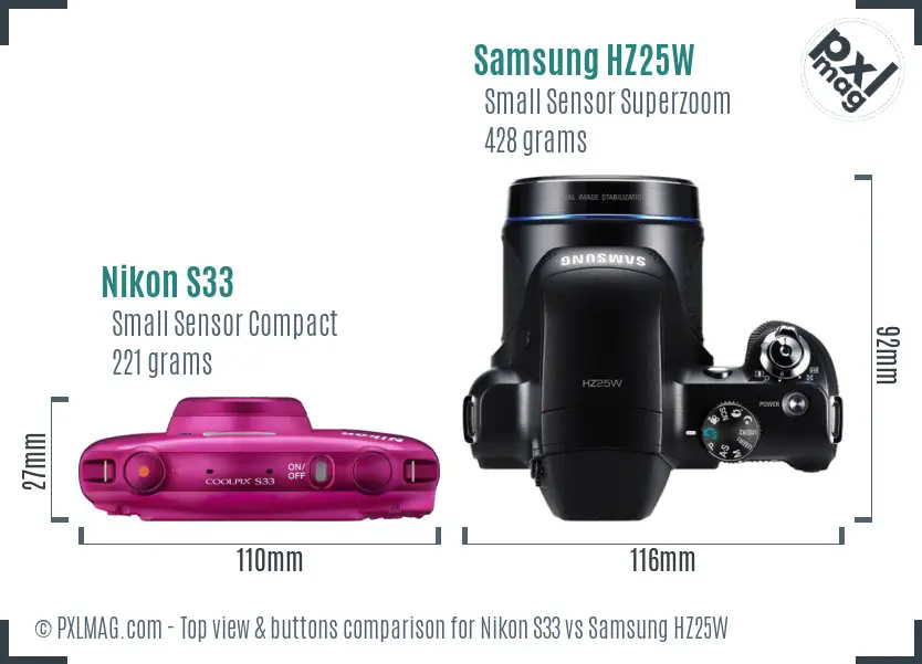 Nikon S33 vs Samsung HZ25W top view buttons comparison