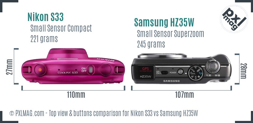 Nikon S33 vs Samsung HZ35W top view buttons comparison