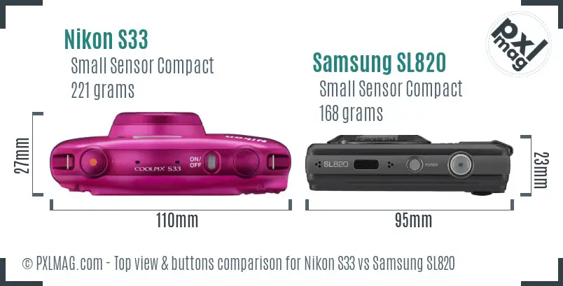 Nikon S33 vs Samsung SL820 top view buttons comparison Nikon S33 vs Samsung SL820 top view buttons comparison