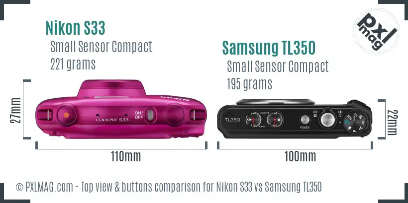 Nikon S33 vs Samsung TL350 top view buttons comparison Nikon S33 vs Samsung TL350 top view buttons comparison