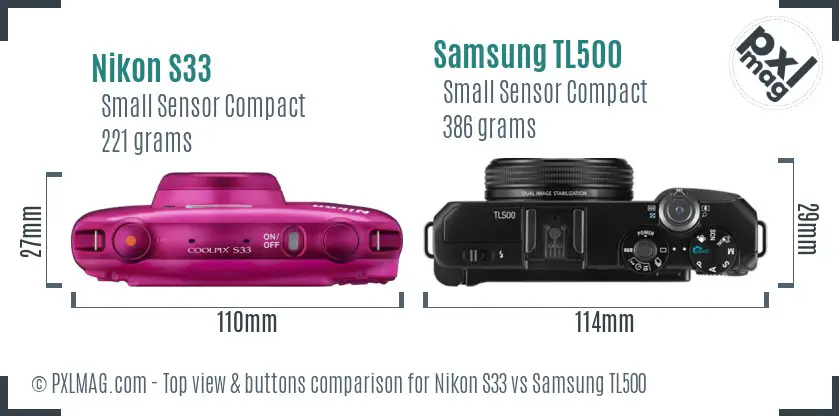 Nikon S33 vs Samsung TL500 top view buttons comparison Nikon S33 vs Samsung TL500 top view buttons comparison