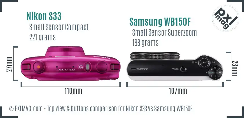 Nikon S33 vs Samsung WB150F top view buttons comparison Nikon S33 vs Samsung WB150F top view buttons comparison