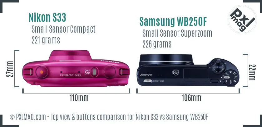 Nikon S33 vs Samsung WB250F top view buttons comparison