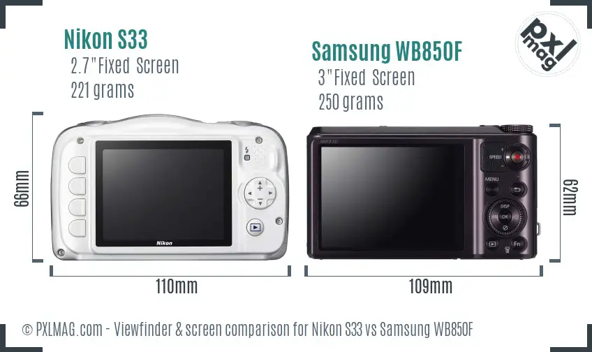 Nikon S33 vs Samsung WB850F Screen and Viewfinder comparison