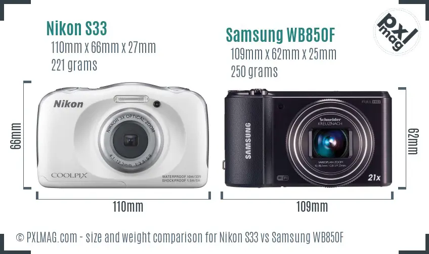 Nikon S33 vs Samsung WB850F size comparison