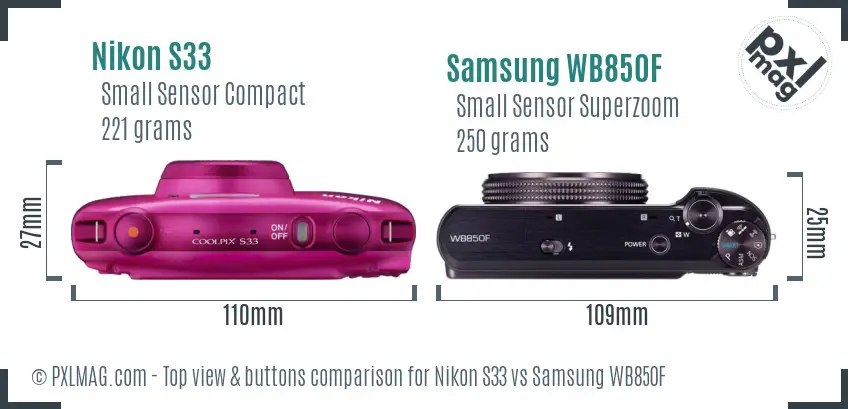 Nikon S33 vs Samsung WB850F top view buttons comparison