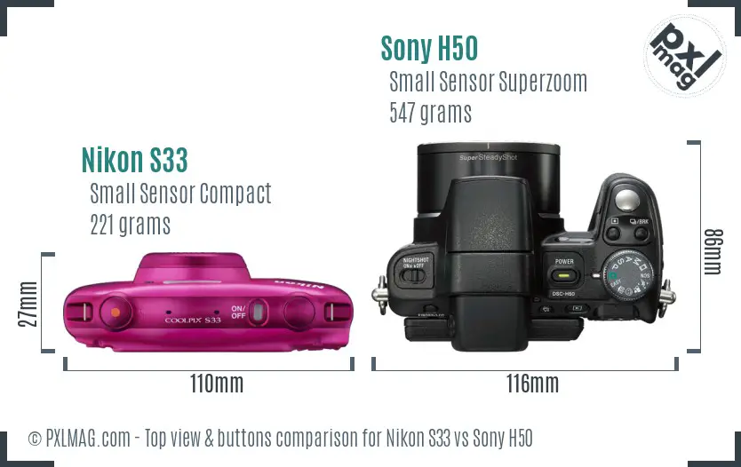 Nikon S33 vs Sony H50 top view buttons comparison