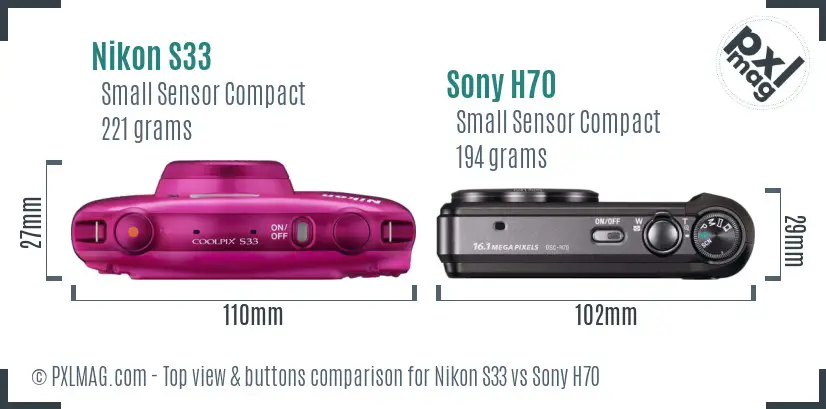 Nikon S33 vs Sony H70 top view buttons comparison Nikon S33 vs Sony H70 top view buttons comparison