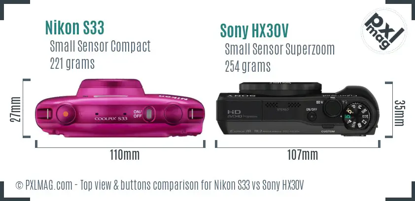 Nikon S33 vs Sony HX30V top view buttons comparison Nikon S33 vs Sony HX30V top view buttons comparison