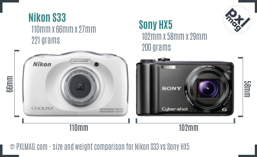 Nikon S33 vs Sony HX5 size comparison