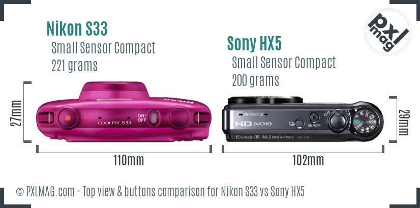 Nikon S33 vs Sony HX5 top view buttons comparison