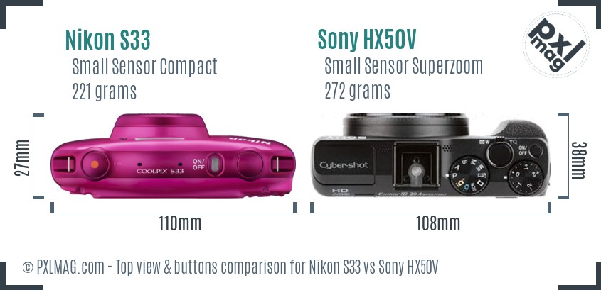 Nikon S33 vs Sony HX50V top view buttons comparison