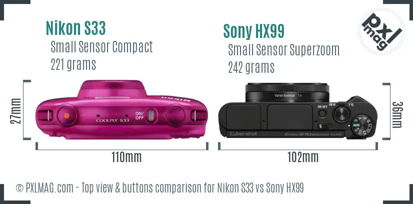 Nikon S33 vs Sony HX99 top view buttons comparison Nikon S33 vs Sony HX99 top view buttons comparison