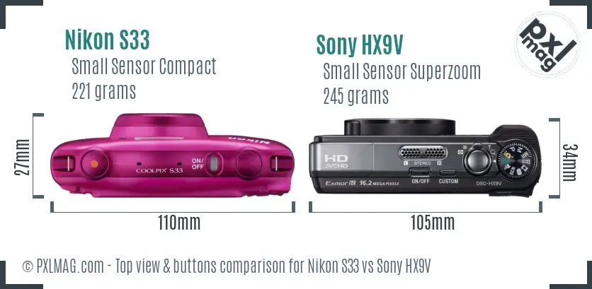 Nikon S33 vs Sony HX9V top view buttons comparison