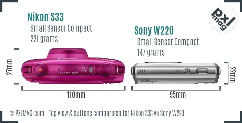 Nikon S33 vs Sony W220 top view buttons comparison
