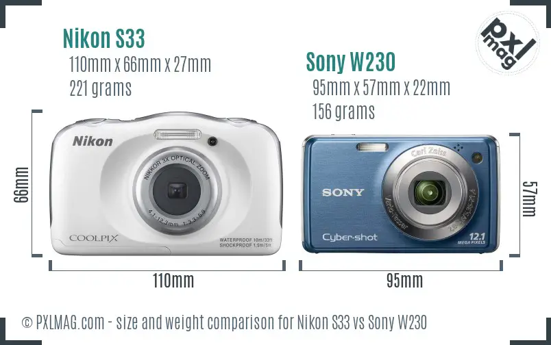 Nikon S33 vs Sony W230 size comparison
