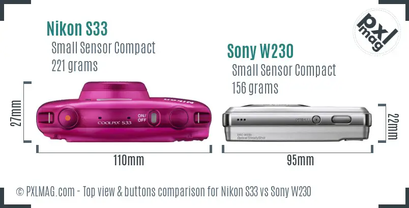 Nikon S33 vs Sony W230 top view buttons comparison
