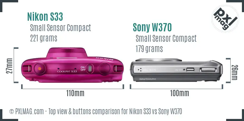 Nikon S33 vs Sony W370 top view buttons comparison Nikon S33 vs Sony W370 top view buttons comparison