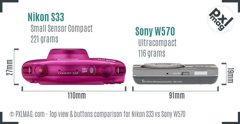 Nikon S33 vs Sony W570 top view buttons comparison