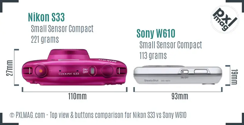 Nikon S33 vs Sony W610 top view buttons comparison