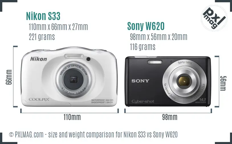 Nikon S33 vs Sony W620 size comparison