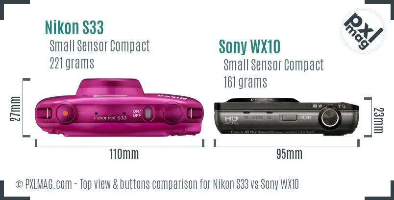Nikon S33 vs Sony WX10 top view buttons comparison Nikon S33 vs Sony WX10 top view buttons comparison