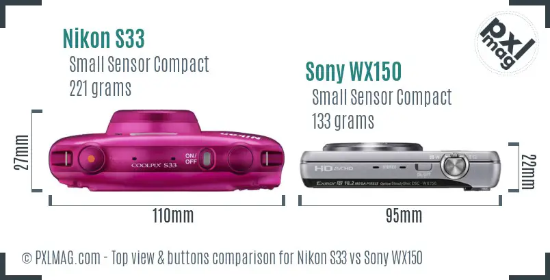 Nikon S33 vs Sony WX150 top view buttons comparison