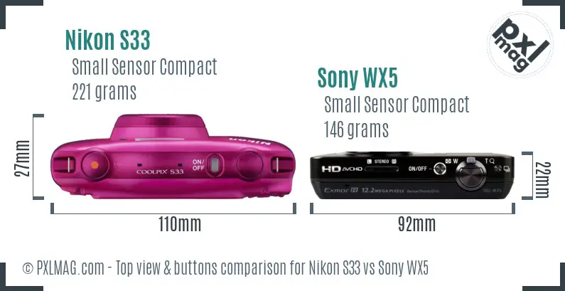 Nikon S33 vs Sony WX5 top view buttons comparison