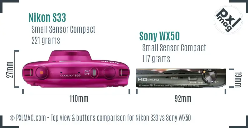 Nikon S33 vs Sony WX50 top view buttons comparison Nikon S33 vs Sony WX50 top view buttons comparison