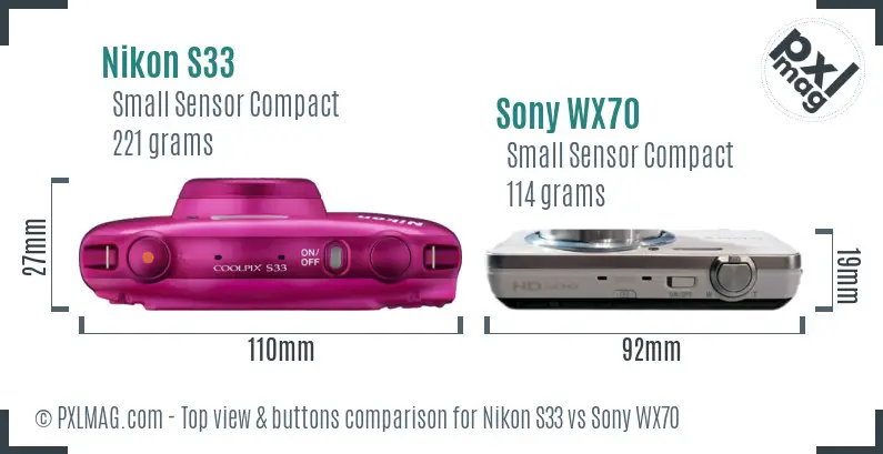 Nikon S33 vs Sony WX70 top view buttons comparison Nikon S33 vs Sony WX70 top view buttons comparison