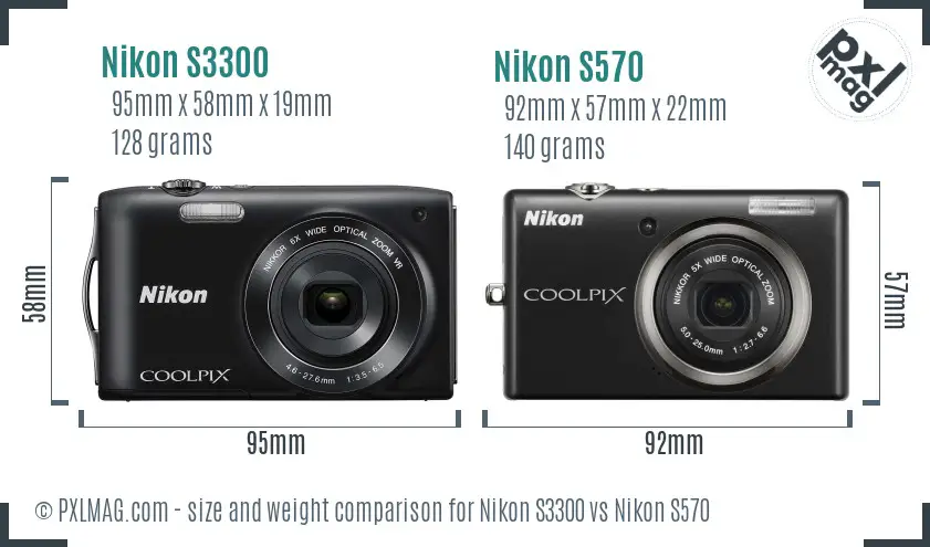 Nikon S3300 vs Nikon S570 size comparison