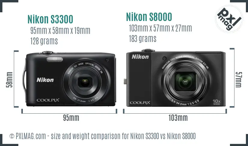 Nikon S3300 vs Nikon S8000 size comparison