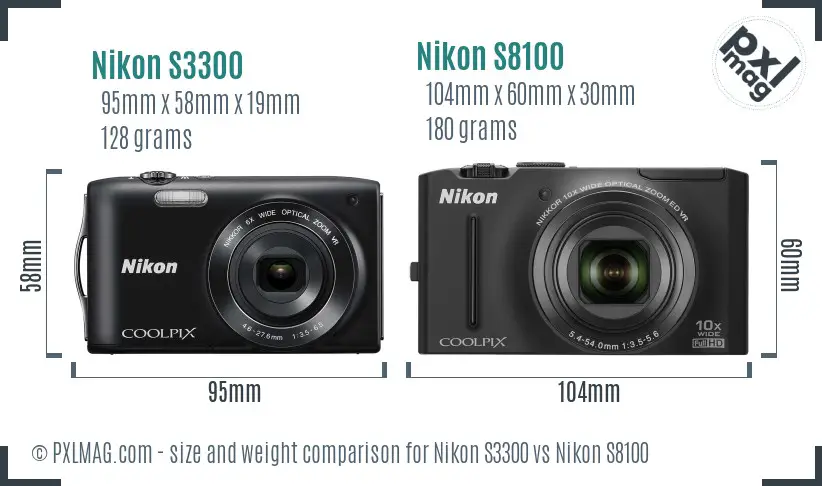 Nikon S3300 vs Nikon S8100 size comparison