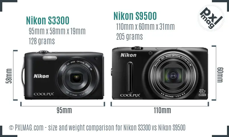 Nikon S3300 vs Nikon S9500 size comparison