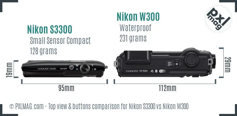 Nikon S3300 vs Nikon W300 top view buttons comparison