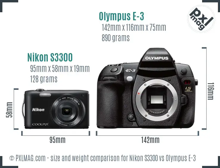 Nikon S3300 vs Olympus E-3 size comparison
