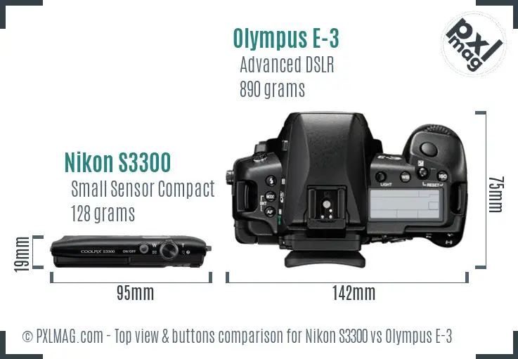 Nikon S3300 vs Olympus E-3 top view buttons comparison