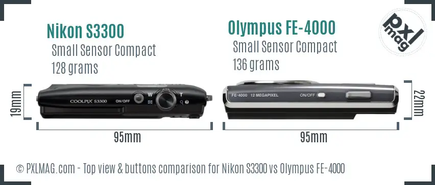 Nikon S3300 vs Olympus FE-4000 top view buttons comparison